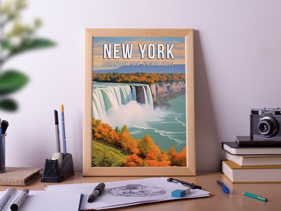 New York Niagara Falls Adirondack Park Autumn Retro Travel Poster