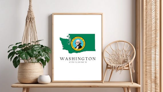 Washington Map Print Flag Latitude Longitude Coordinates Poster Wall Art Home Dcor