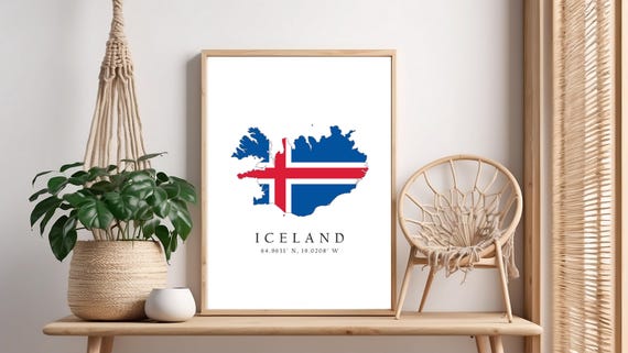 Iceland Map Print Flag Latitude Longitude Coordinates Poster Wall Art Home Dcor