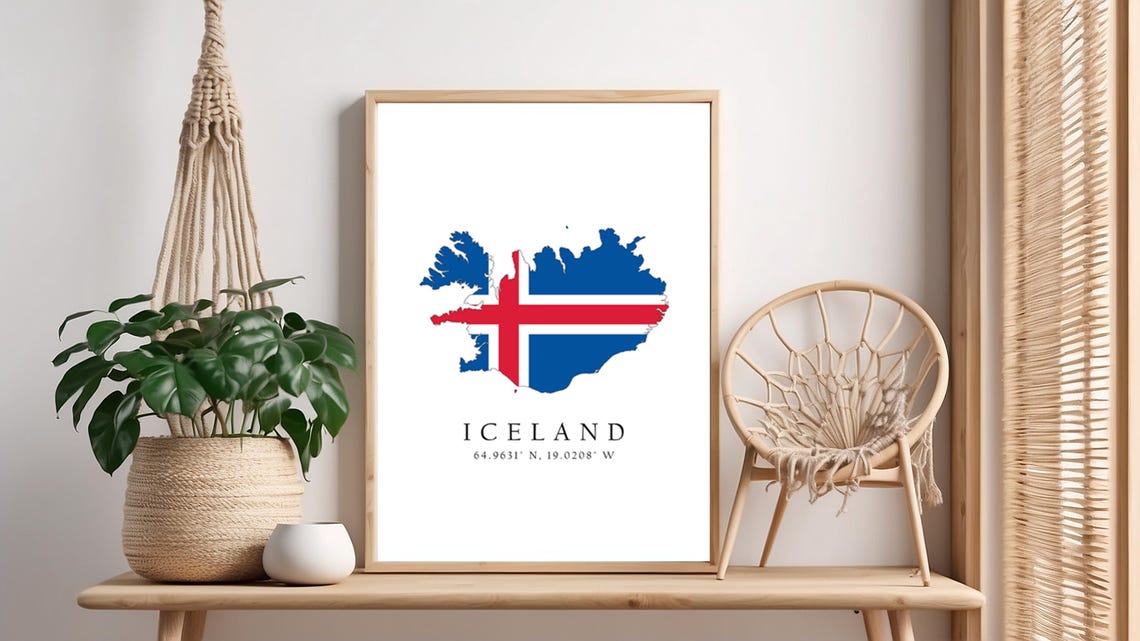 Iceland Map Print Flag Latitude Longitude Coordinates Poster Wall Art Home Dcor