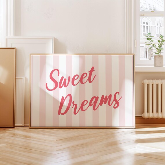 Sweet Dreams Pink Striped Script Coquette Girly Bedroom Wall Poster