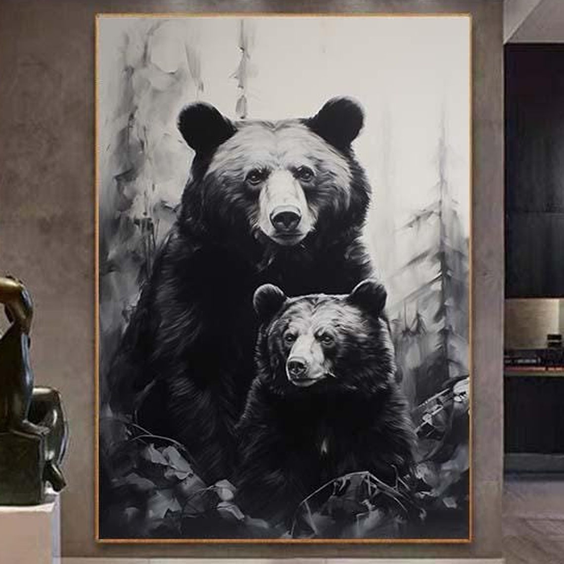Striking Black And White Bear Mother And Cub In Forest Poster