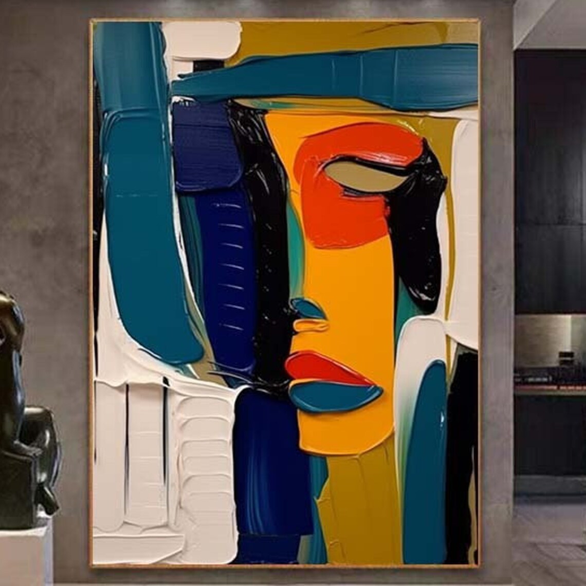 Bold Color Block Abstract Face Portrait In Teal Yellow Orange Poster