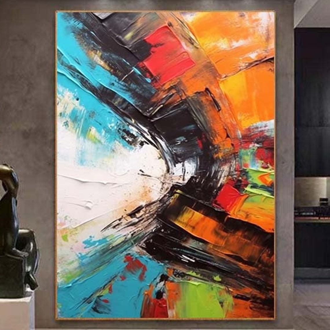 Bold Color Arc Turquoise Orange Black Impasto Curve Art Poster