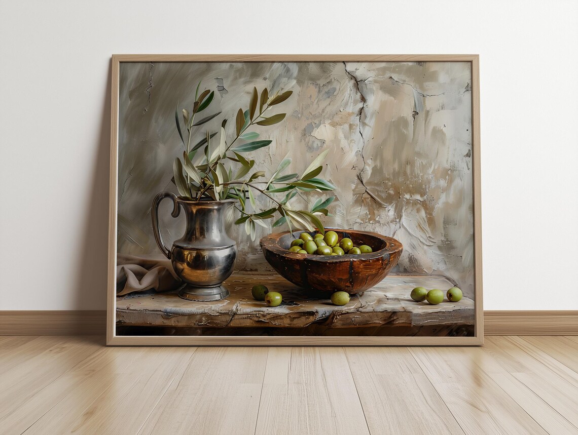 Olive Branches and Green Olives Rustic Still Life Painting Poster - Image 4