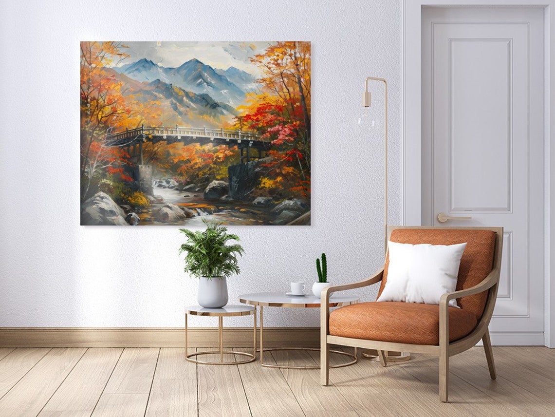 Bridge Mountain Landscape Painting Fall Colors River Scene Poster - Image 4