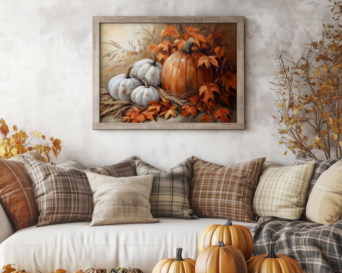 White and Orange Pumpkins with Autumn Leaves Vintage Style Poster - Image 3