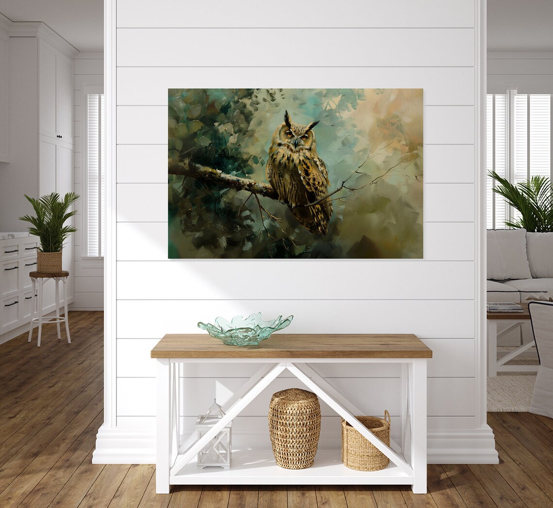 Great Horned Owl Perched on Branch Vintage Style Oil Painting Poster - Image 5