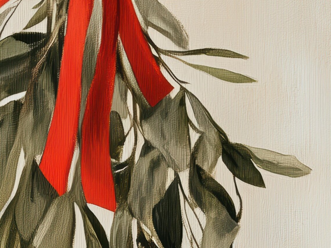 Holiday Mistletoe With Red Ribbon, Christmas Art Print - Image 6