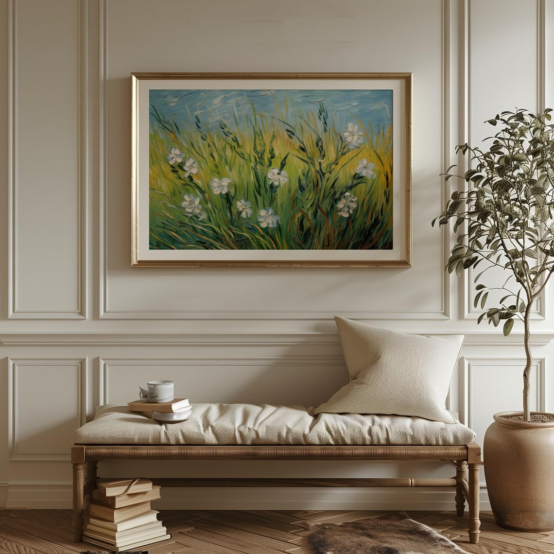 White Wildflowers Wheat Field Van Gogh Style Impressionist Poster - Image 4