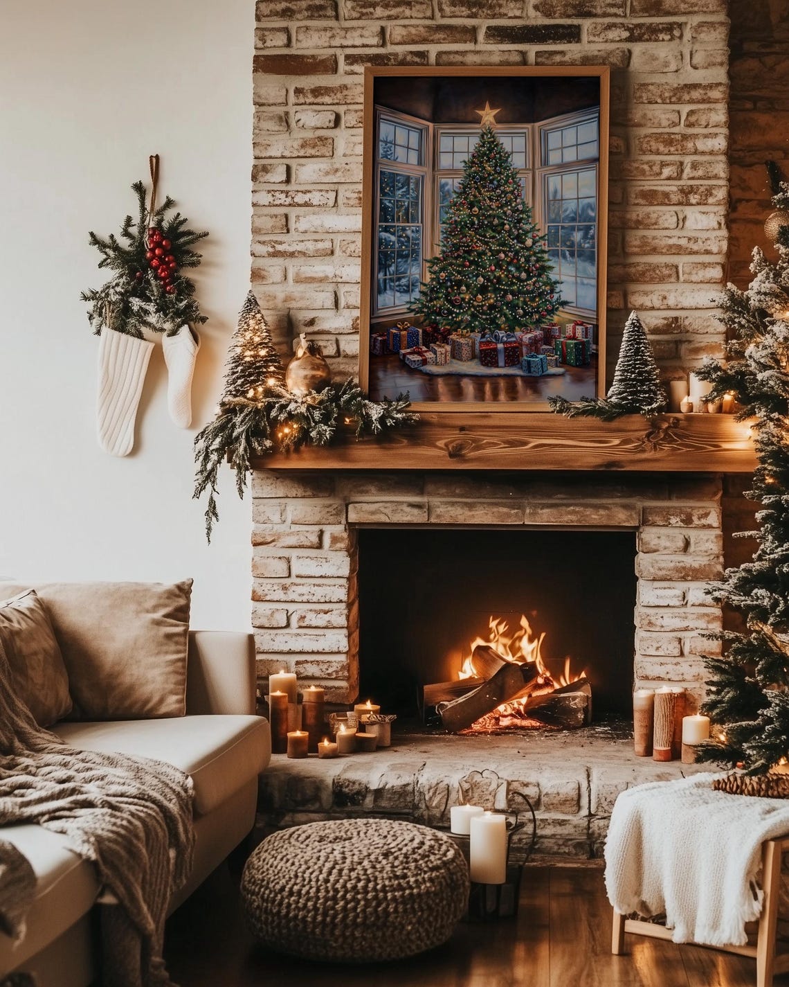 Decorated Christmas Tree with Presents by Bay Windows at Night Poster - Image 4