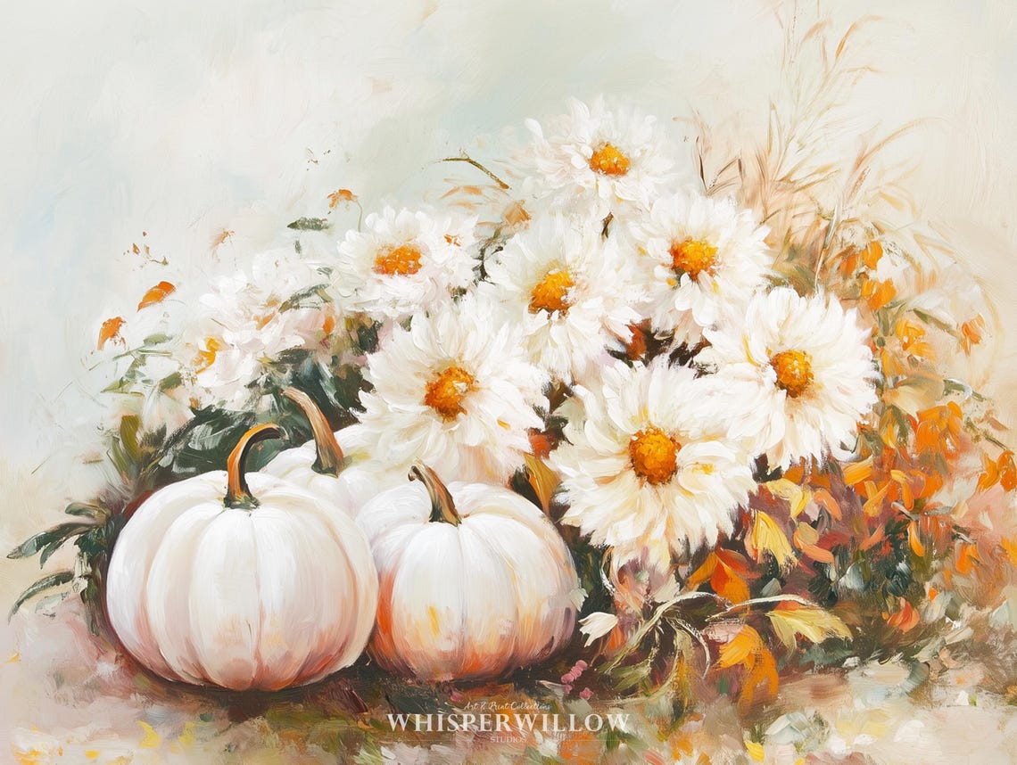 White Pumpkins and Daisies Autumn Bouquet Vintage Style Poster - Image 6