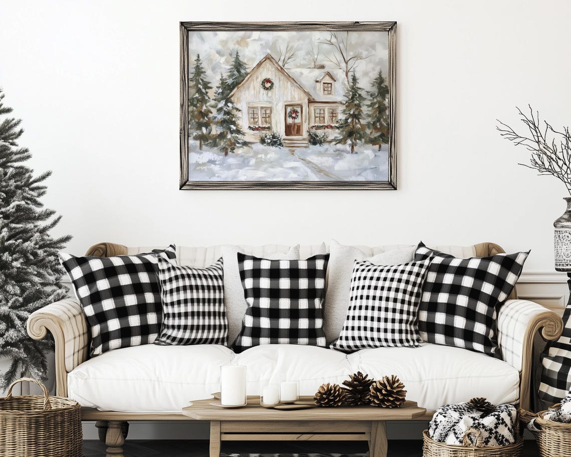 Cozy White Christmas Cottage with Wreaths in Soft Snow Poster - Image 5