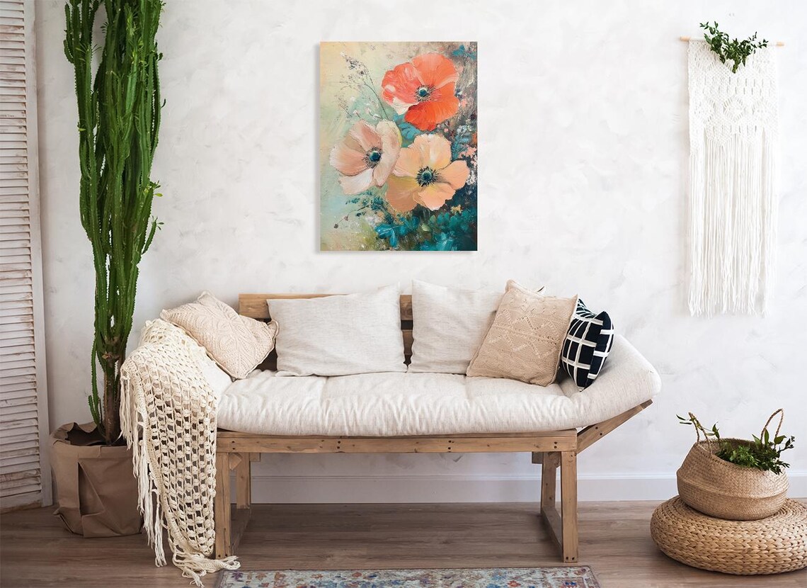 Large Coral and Peach Poppy Flowers Impasto Oil Painting Poster - Image 2