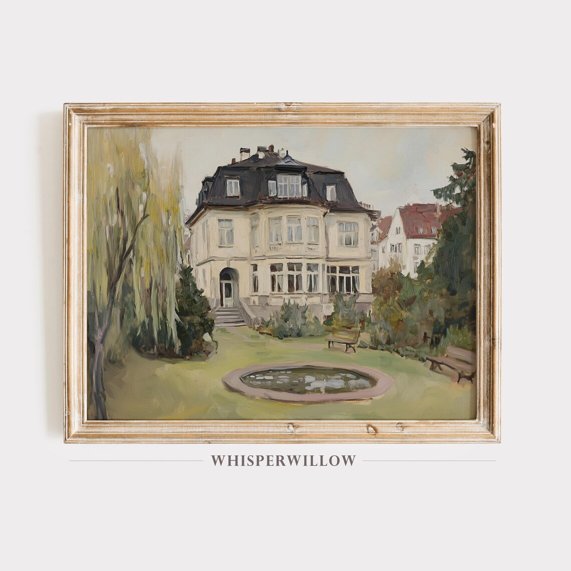 Grand European Villa with Garden Fountain Oil Painting Poster