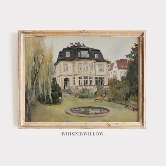 Elegant Vintage Manor Painting Sophisticated Timeless Art Refined Classic Antique Architecture Wall Decor