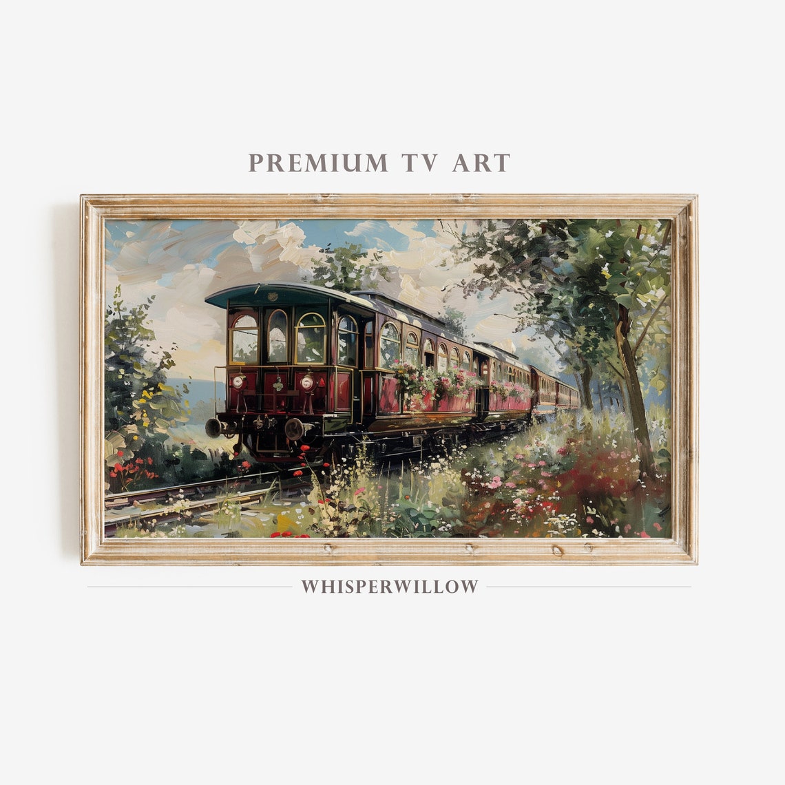 Vintage Red Train with Flower Boxes Crossing Wildflower Meadow Poster