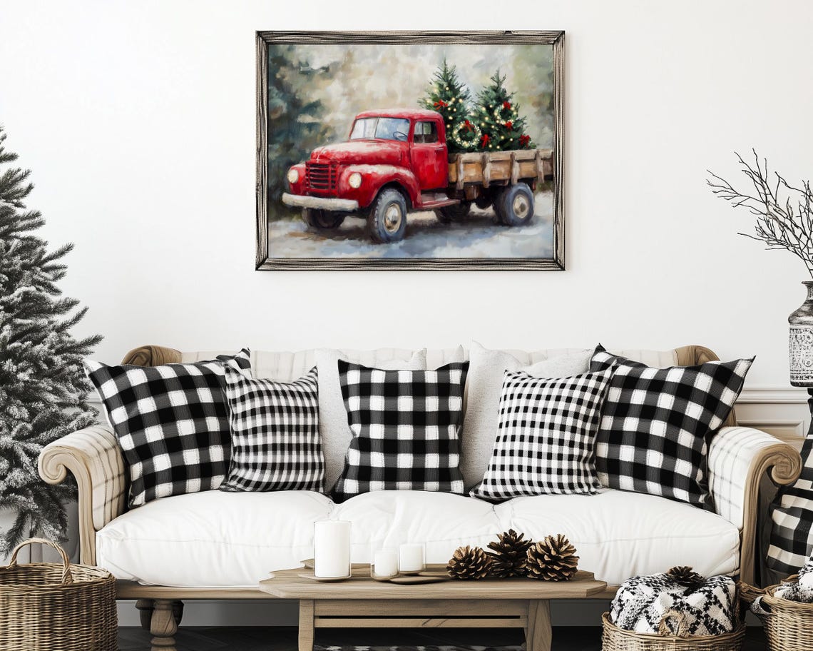 Vintage Red Truck Carrying Christmas Trees Through Snow Poster - Image 5