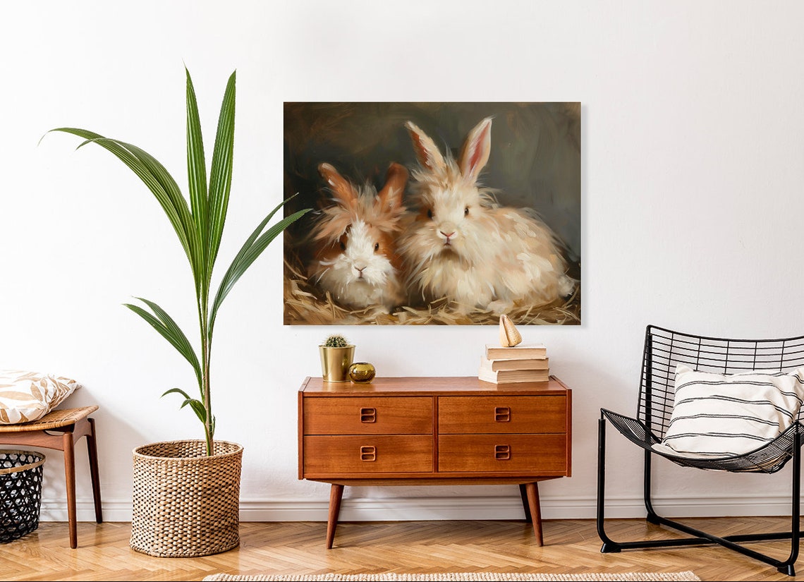 Two Fluffy Angora Rabbits In Hay Vintage Animal Oil Painting Poster - Image 3