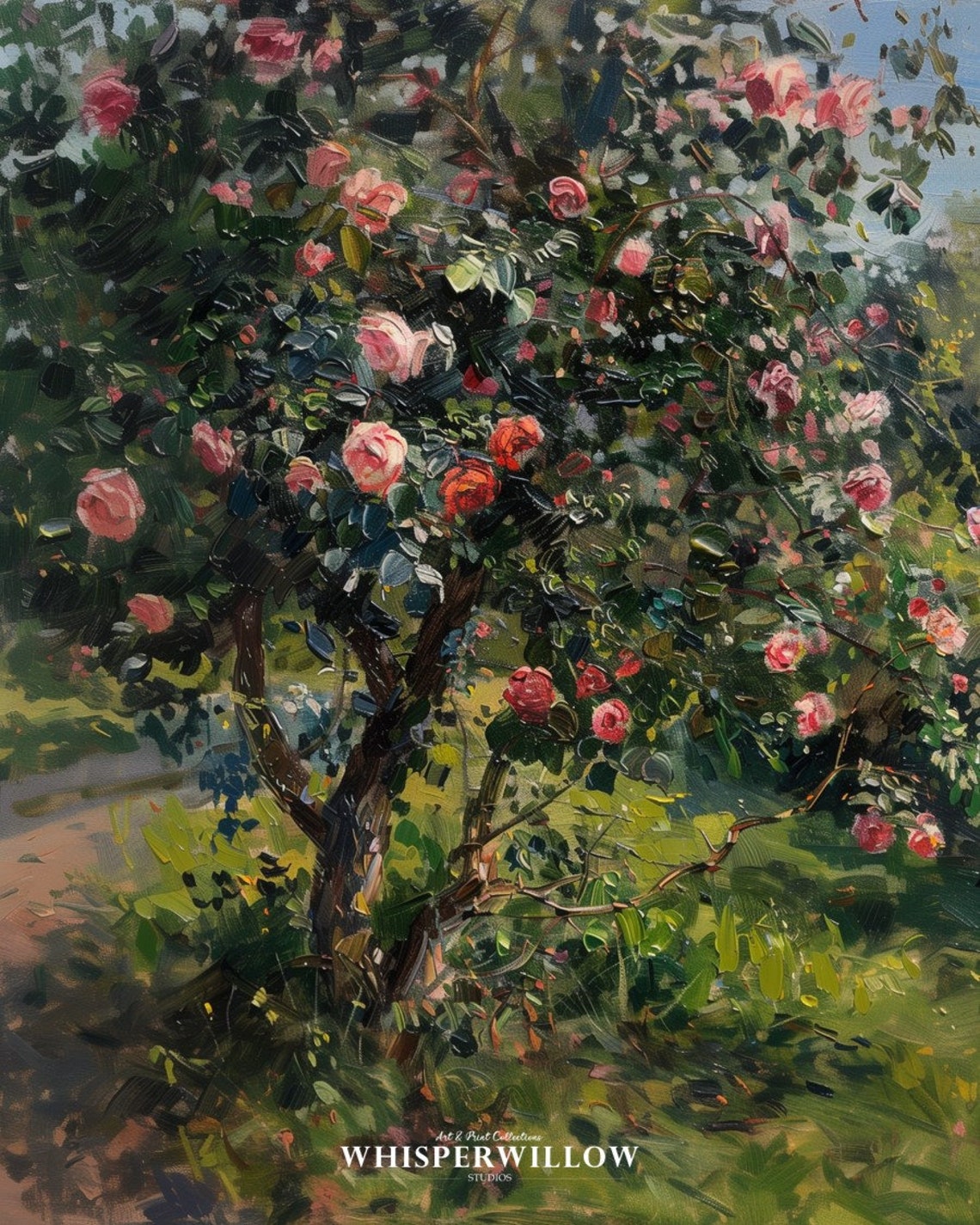 Blooming Pink Rose Bush In Sunlit Garden Impressionist Art Poster - Image 6