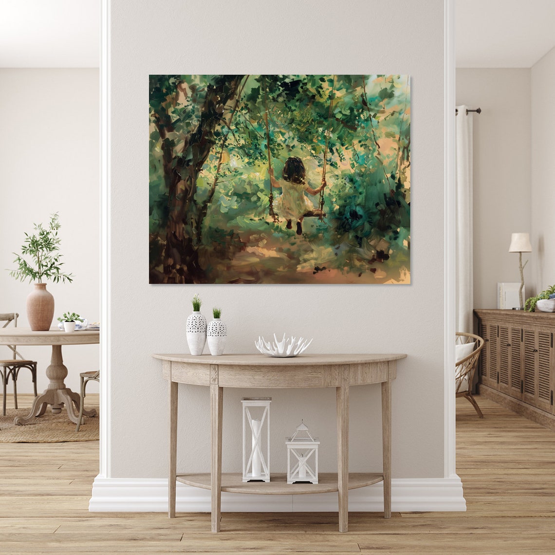 Little Girl on a Tree Swing in a Sunlit Forest Painting Poster - Image 2