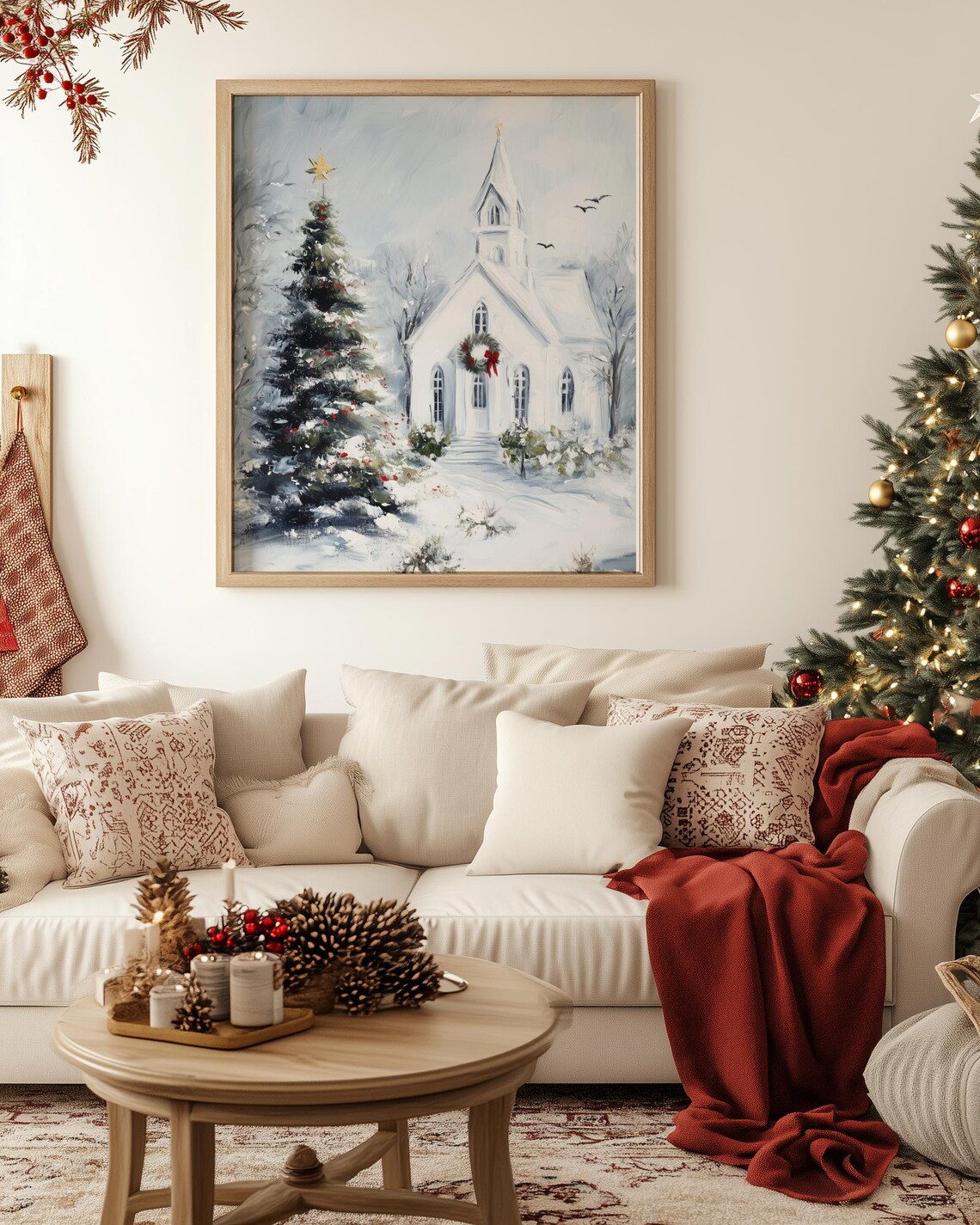 Snowy Christmas Church And Tree Holiday Art Print - Image 2