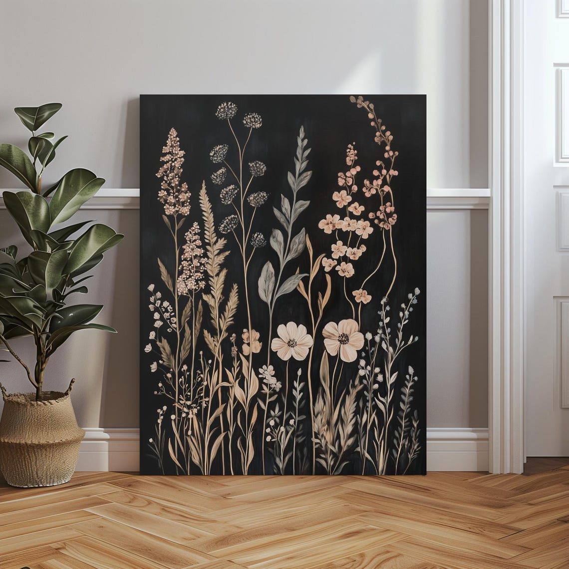 Neutral Wildflower Botanical Black Background Beige Blooms Print - Image 4