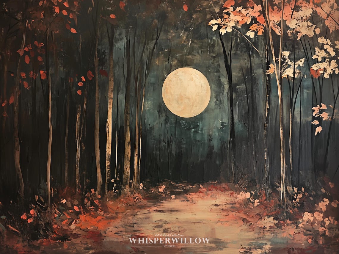 Bright Full Moon Rising Over a Dark Autumn Forest Path Poster - Image 6