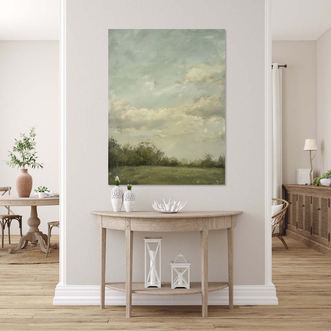 Overcast Sky Over Green Field Minimalist Cloudscape Art Poster - Image 3