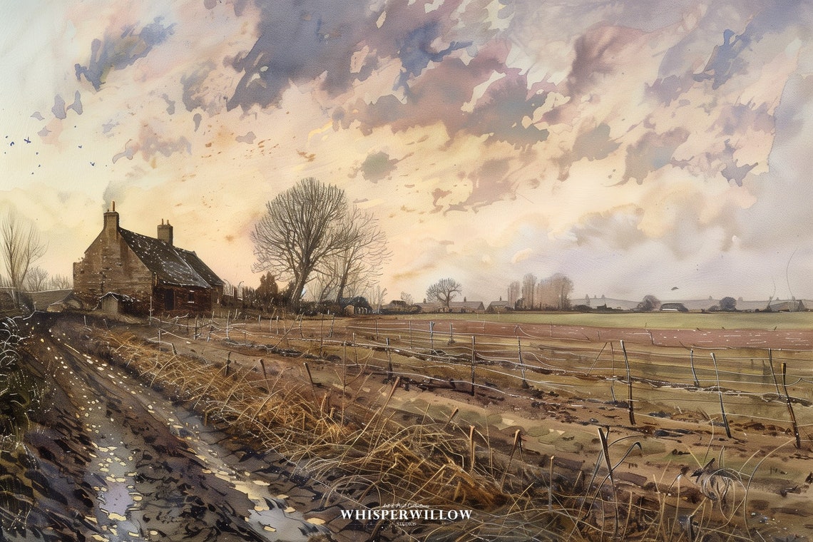 Rustic Farmhouse at Sunset Over Plowed Fields Watercolor Poster - Image 6