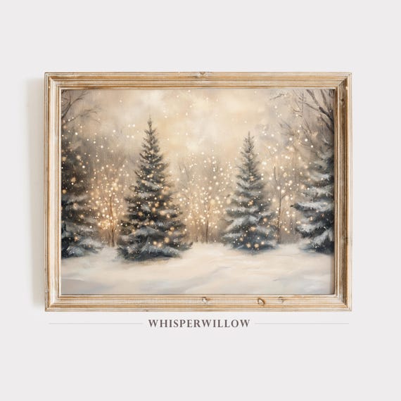 Forest Christmas Tree Lights, Holiday Landscape Art Print