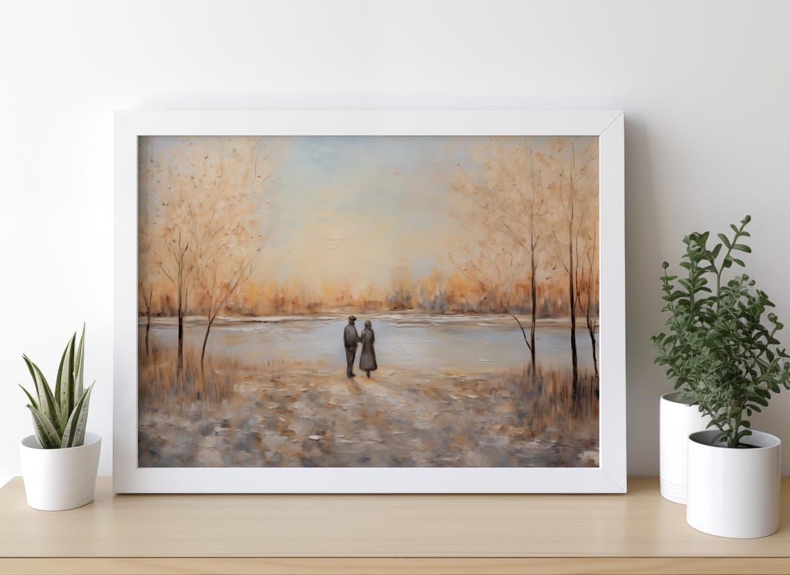 Couple Walking Beside a Calm Lake at Golden Autumn Dusk Poster - Image 5