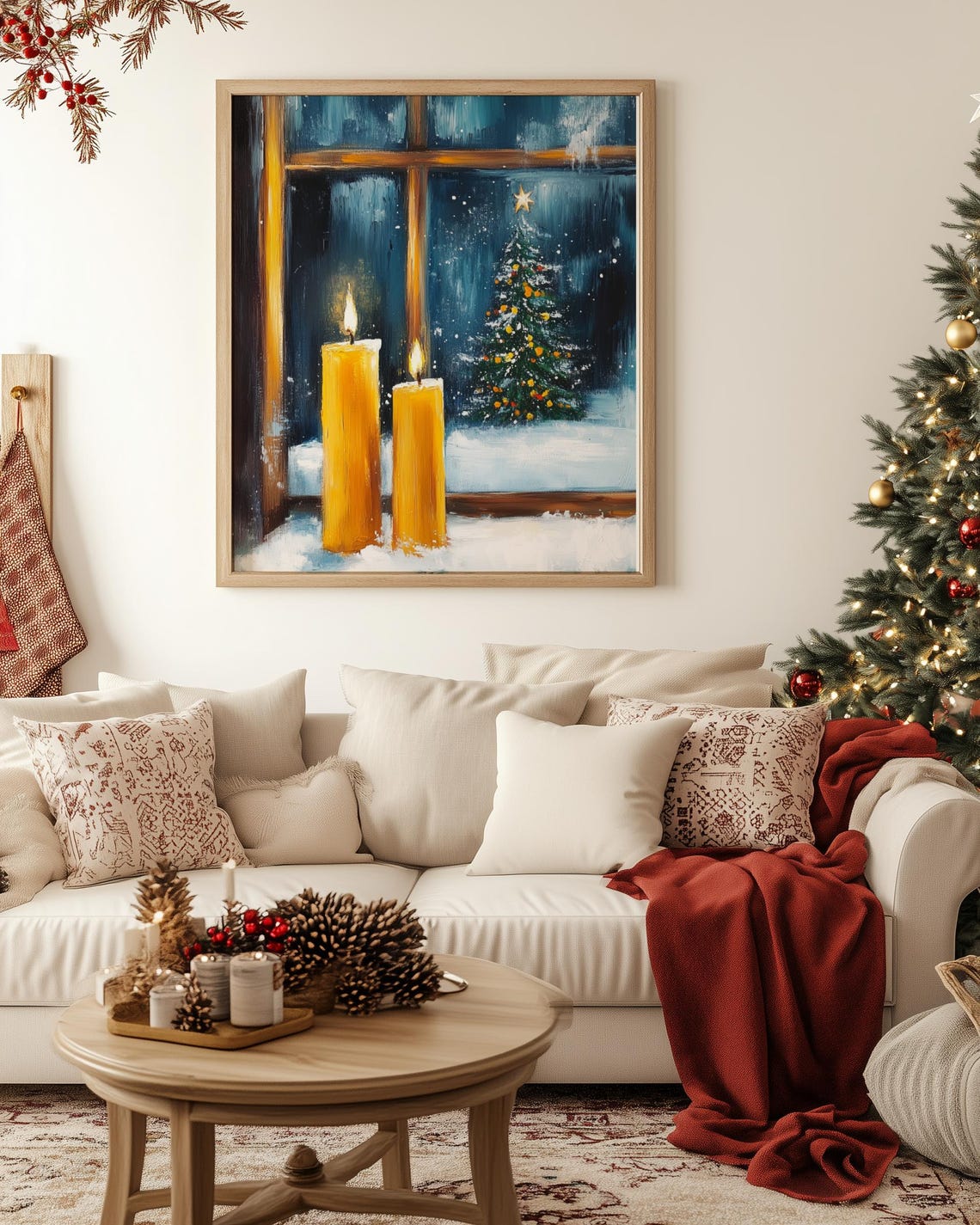 Lit Candles on a Snowy Windowsill with a Christmas Tree Poster - Image 3