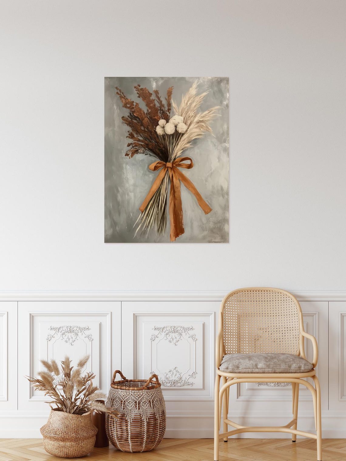Dried Pampas Grass Bouquet with Rust Ribbon Bow Vintage Poster - Image 2