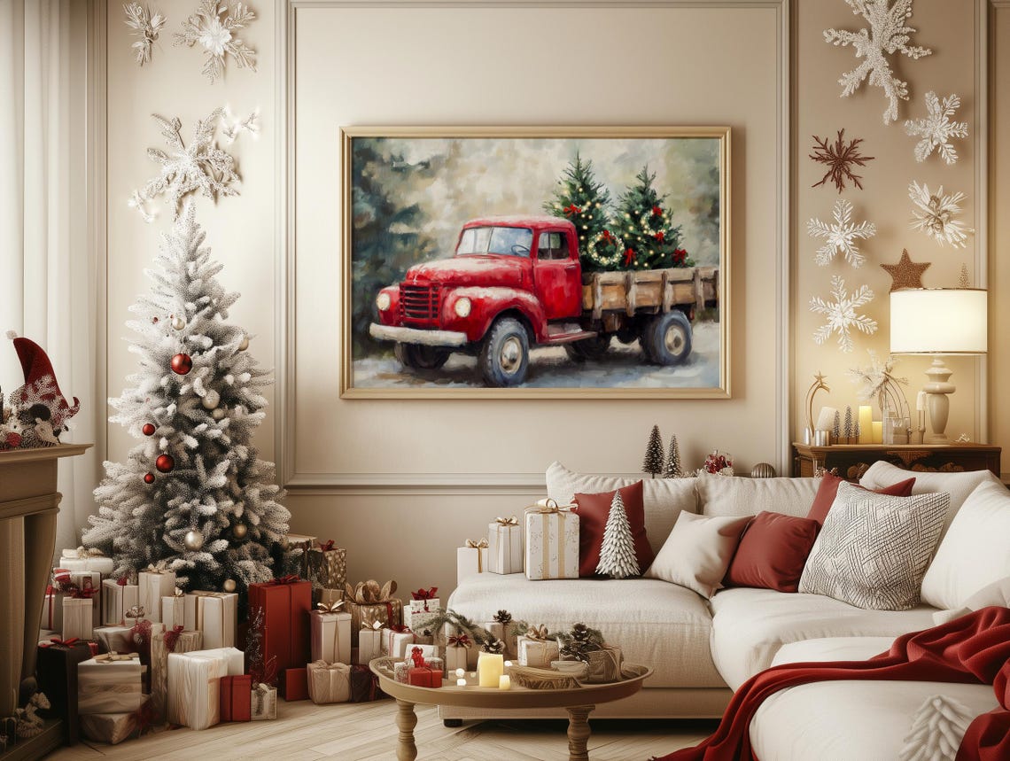 Vintage Red Truck Carrying Christmas Trees Through Snow Poster - Image 3