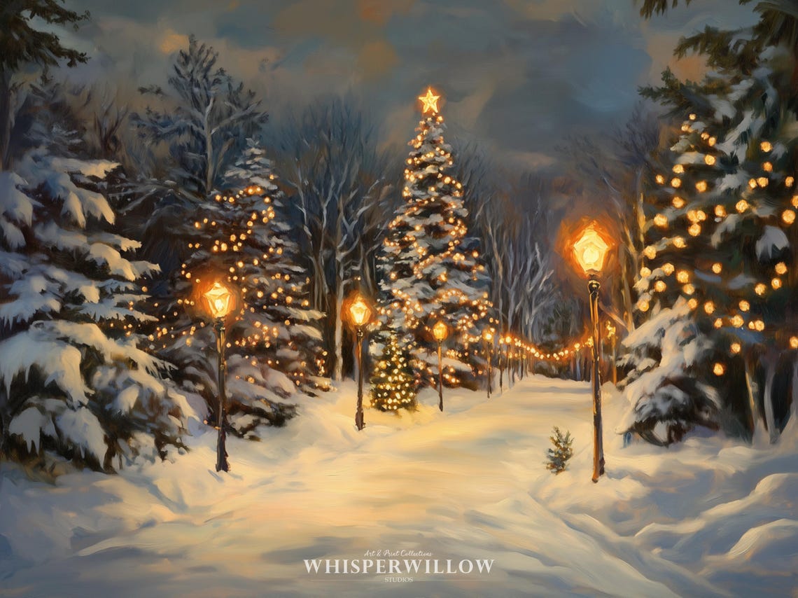Snowy Christmas Park with Glowing Lit Trees on a Winter Night Poster - Image 6