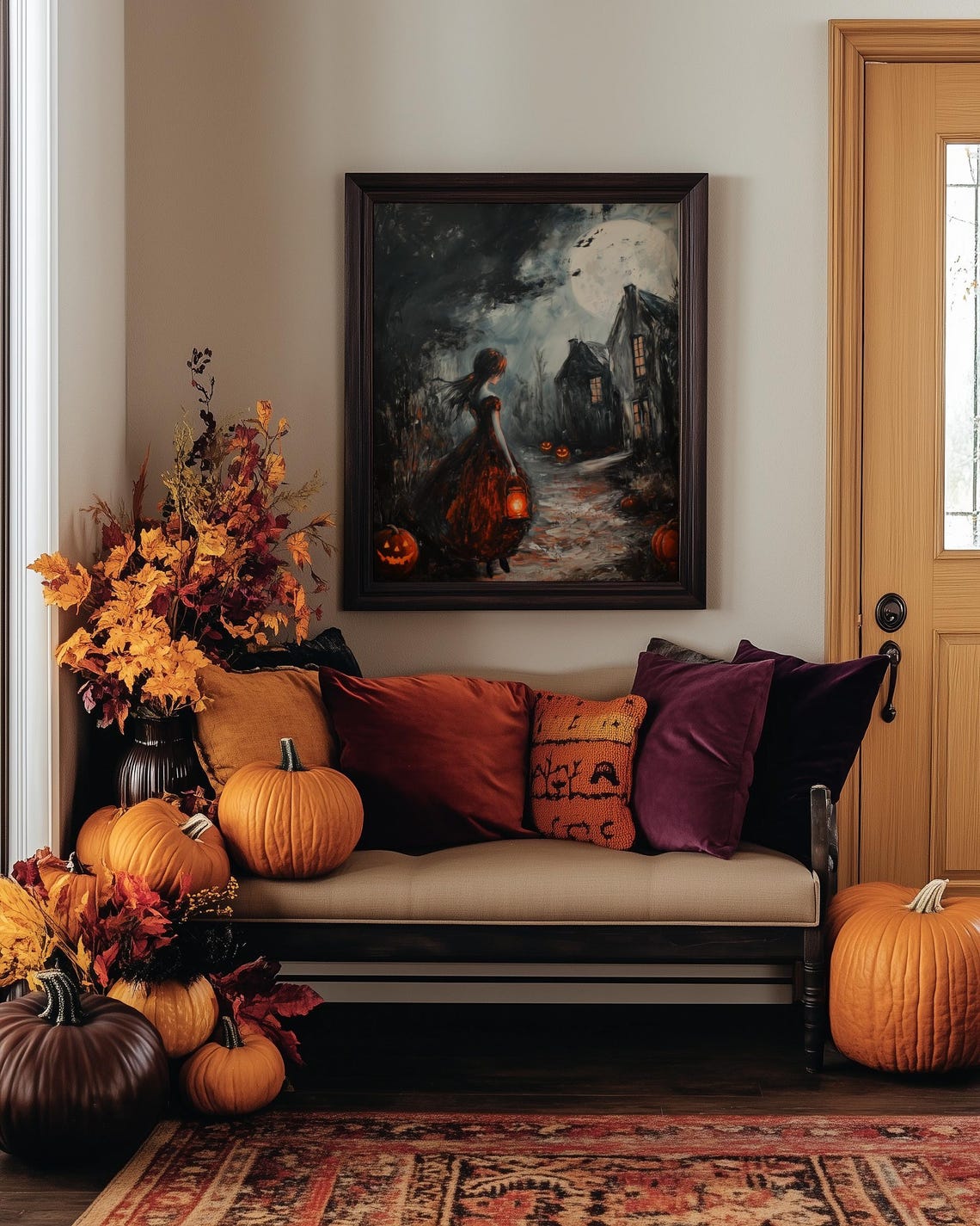 Haunted Night Walk Girl Lantern Pumpkins Halloween Painting Poster - Image 5