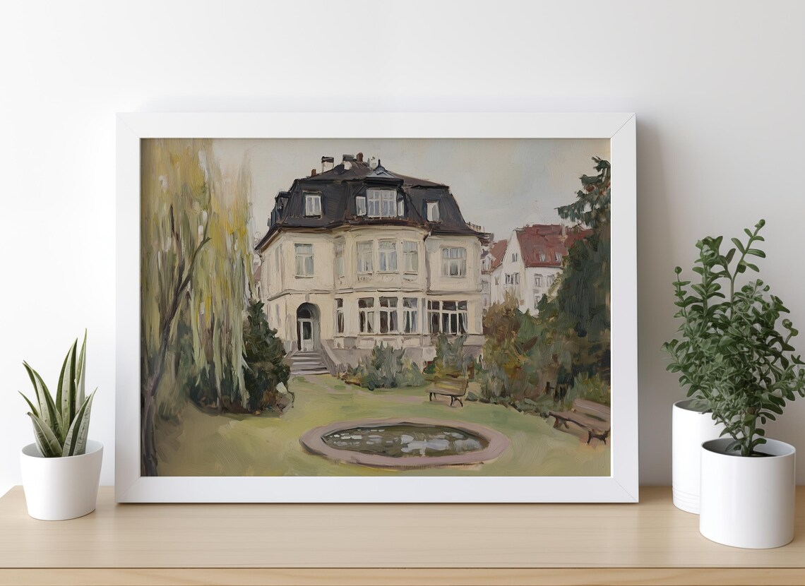 Grand European Villa with Garden Fountain Oil Painting Poster - Image 3
