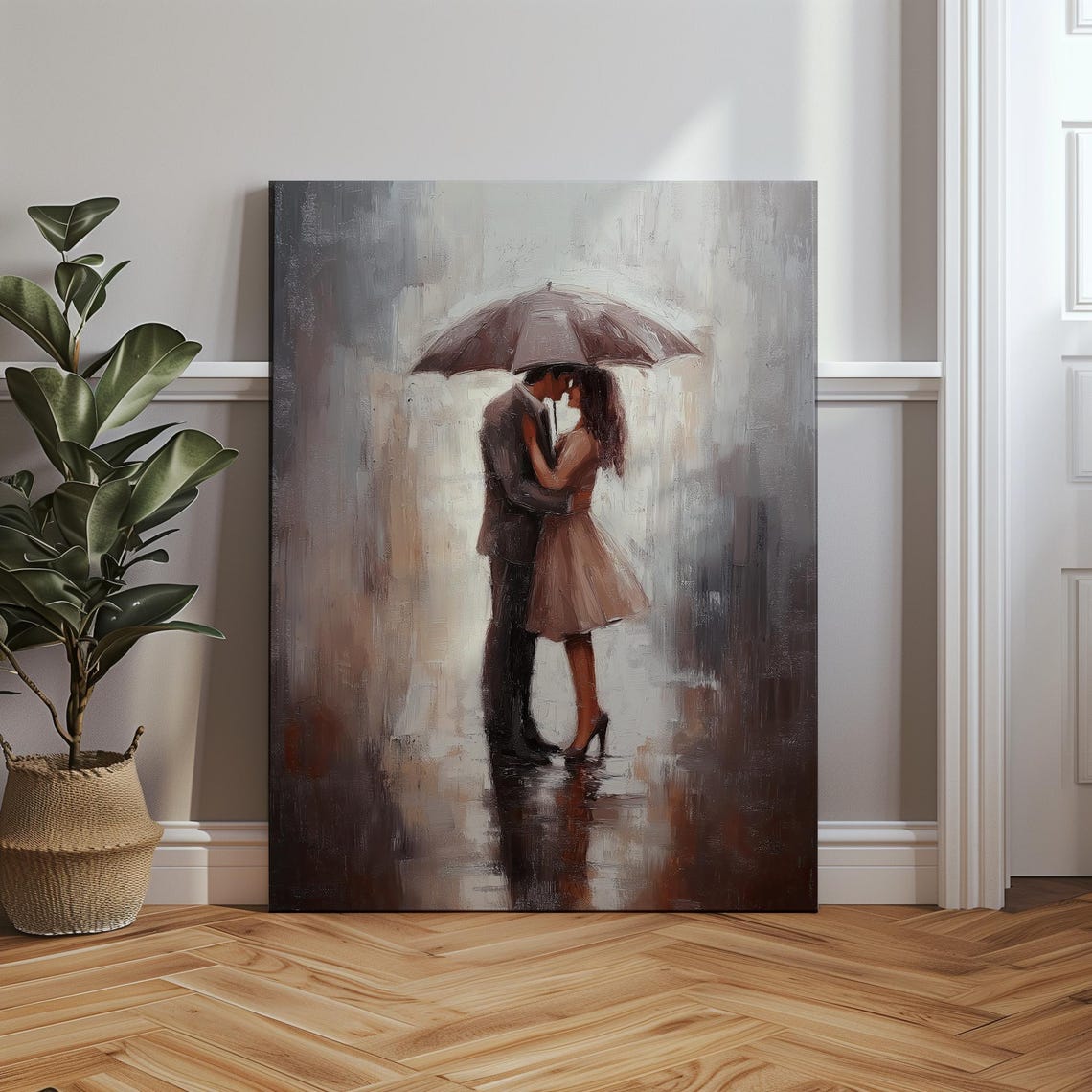Romantic Couple Sharing an Umbrella in the Rain Oil Painting Poster - Image 3