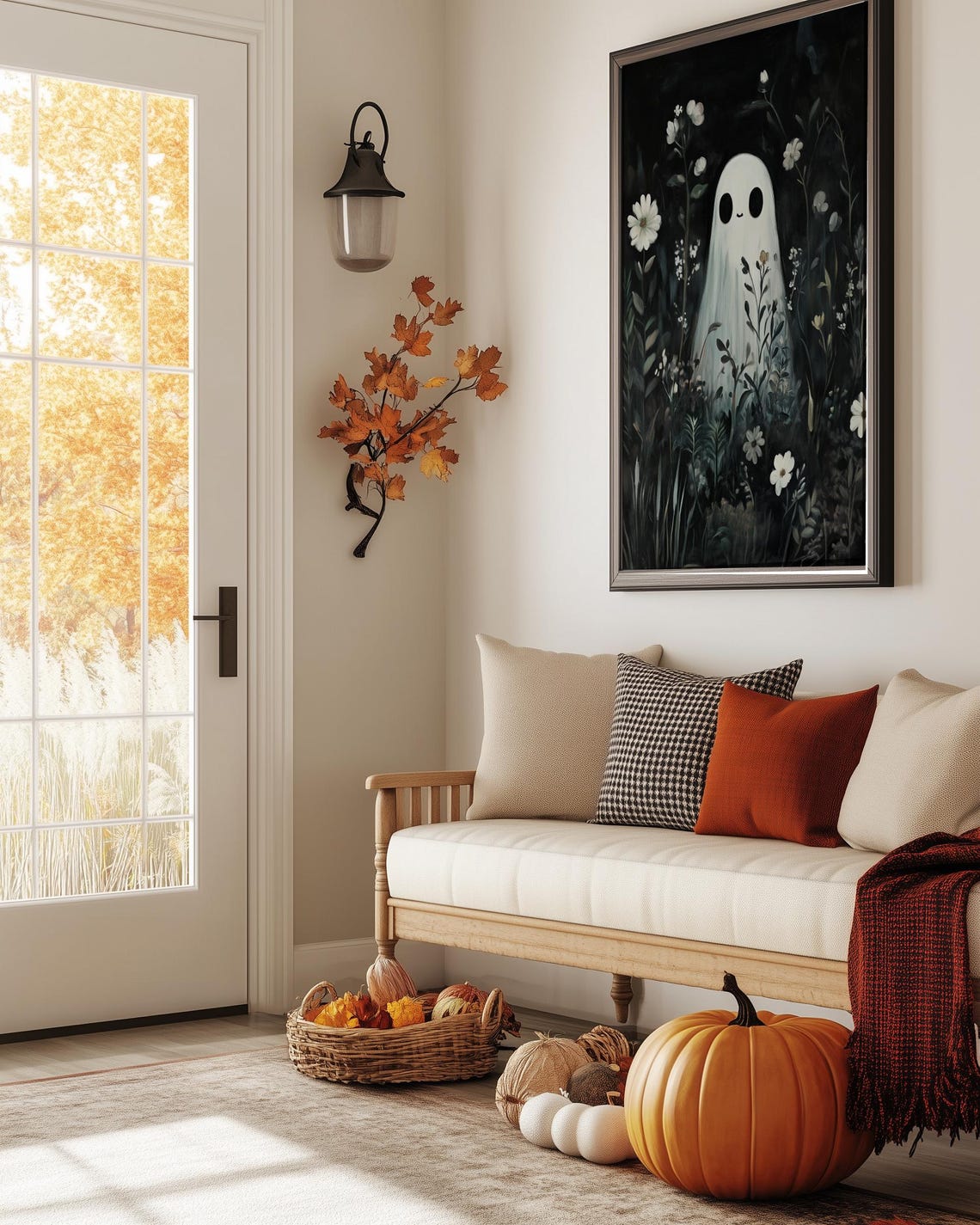 Cute Ghost Among White Wildflowers Dark Floral Halloween Print - Image 5