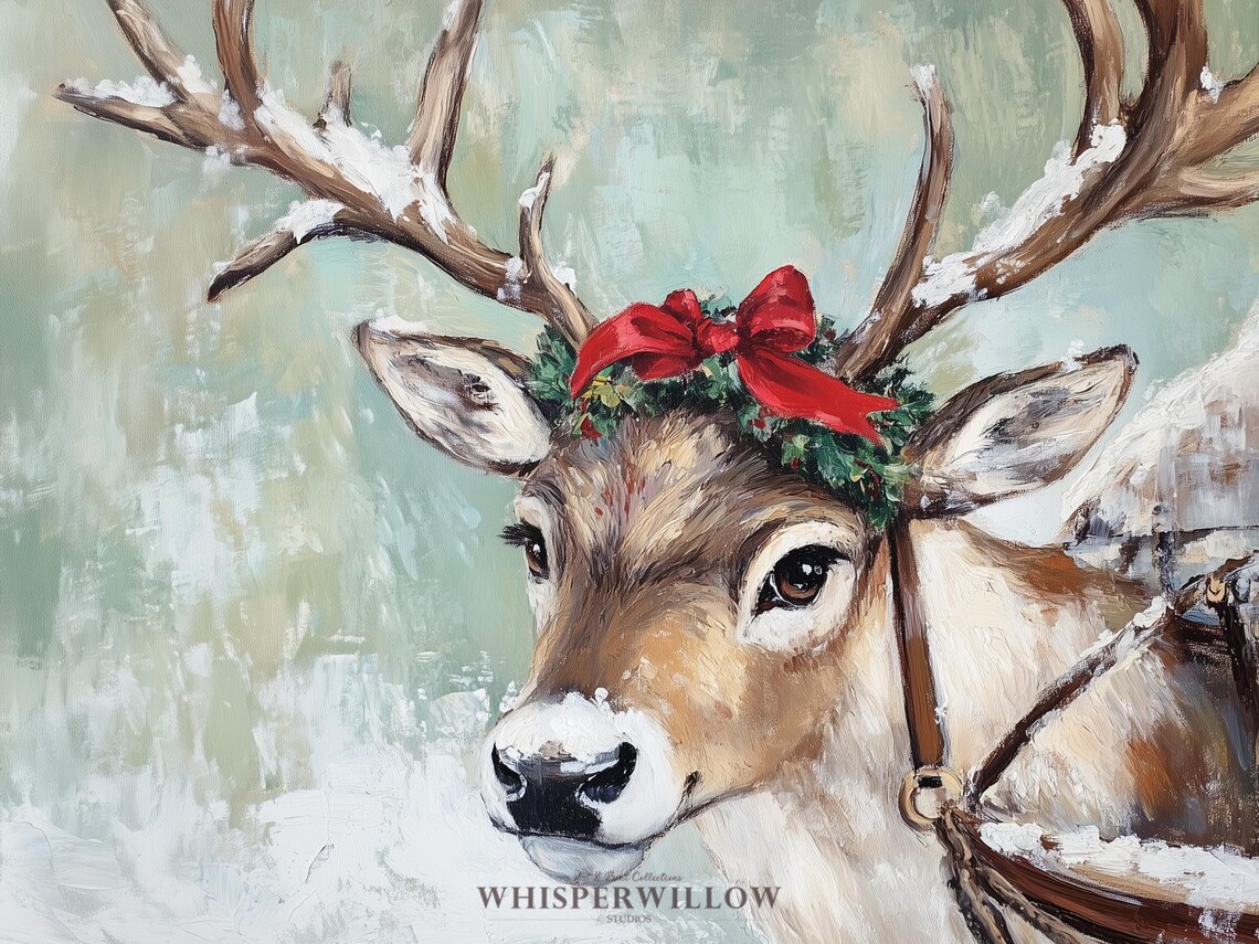 Reindeer Portrait with Red Bow Wreath Snowy Christmas Painting Poster - Image 6