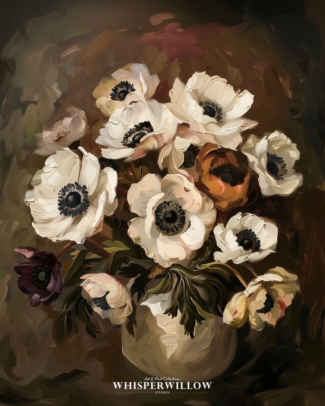 White Anemone Bouquet In Vase Dark Moody Floral Oil Painting Poster - Image 6