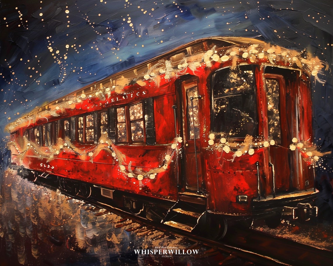 Red Vintage Train Car with Christmas Lights Festive Night Poster - Image 6