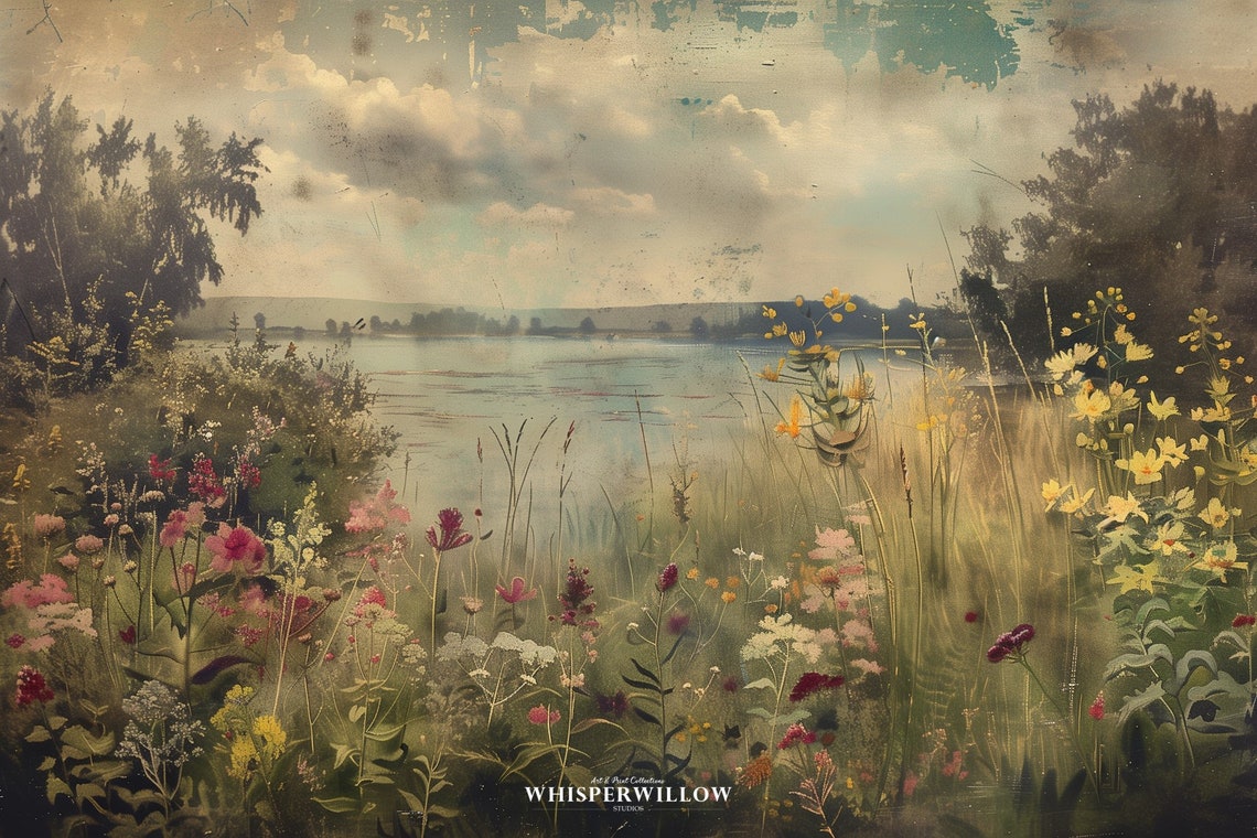 Wildflower Summer Lake Landscape Vintage Painting Scenic Poster - Image 6
