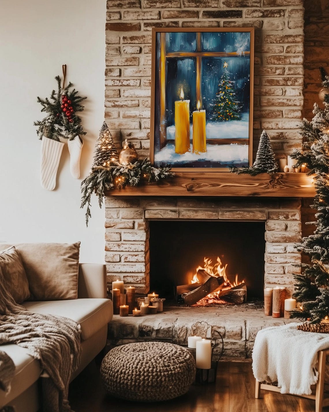 Lit Candles on a Snowy Windowsill with a Christmas Tree Poster - Image 2