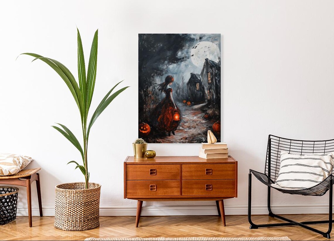 Haunted Night Walk Girl Lantern Pumpkins Halloween Painting Poster - Image 3