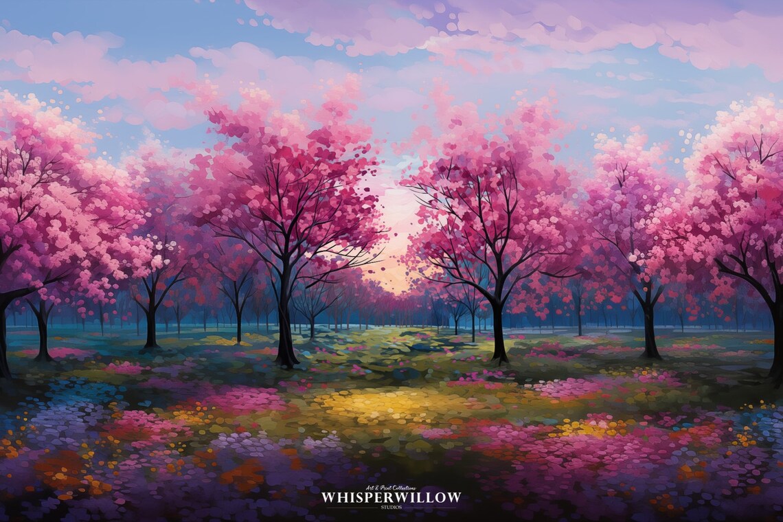 Cherry Blossom Trees Painting, Spring Landscape Art - Image 6
