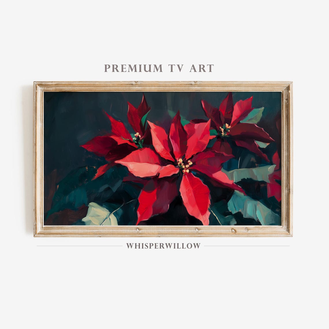 Frame Tv Art Vibrant Red Holiday Poinsettia Painting Christmas Spirit Home Decor Winter Green Flower Art
