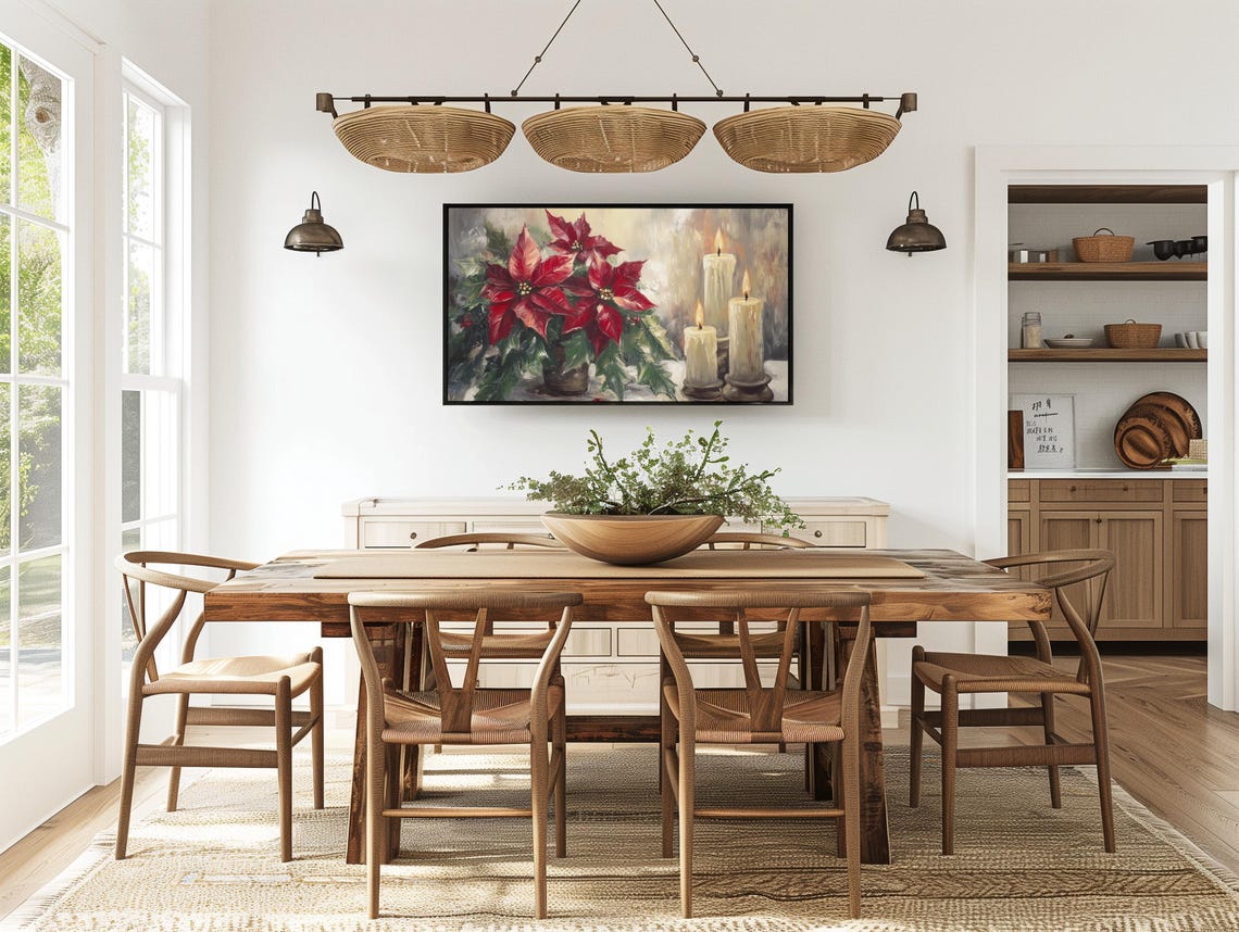 Frame Tv Art Festive Poinsettia And Candles Painting Christmas Spirit Home Decor Winter Holiday Red Flower - Image 5