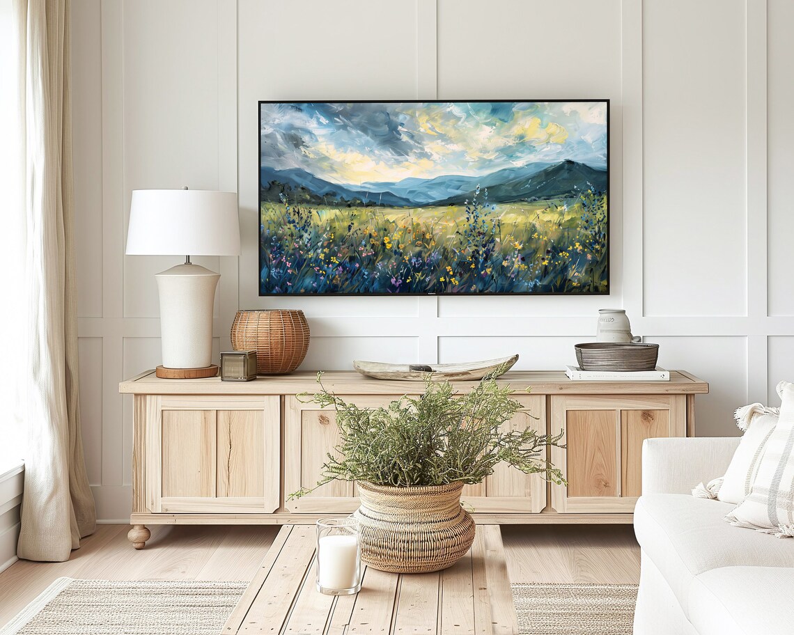 Blue Wildflower Meadow Cool Toned Mountain Landscape Oil Poster - Image 4